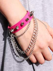 1pc Rose-red Harajuku Punk Style Rivet Chain Pu Leather Bracelet For Women - Hot Pink - View 2