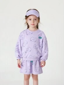 2pcs/set Young Girls' Sweet & Fun Cat Print Oversized Sweatshirt And Pleated Skirt Outfits For Autumn