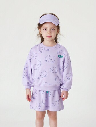 2入組少女甜美有趣的貓印花寬鬆連帽衫和百褶短裙套裝,適用於秋季