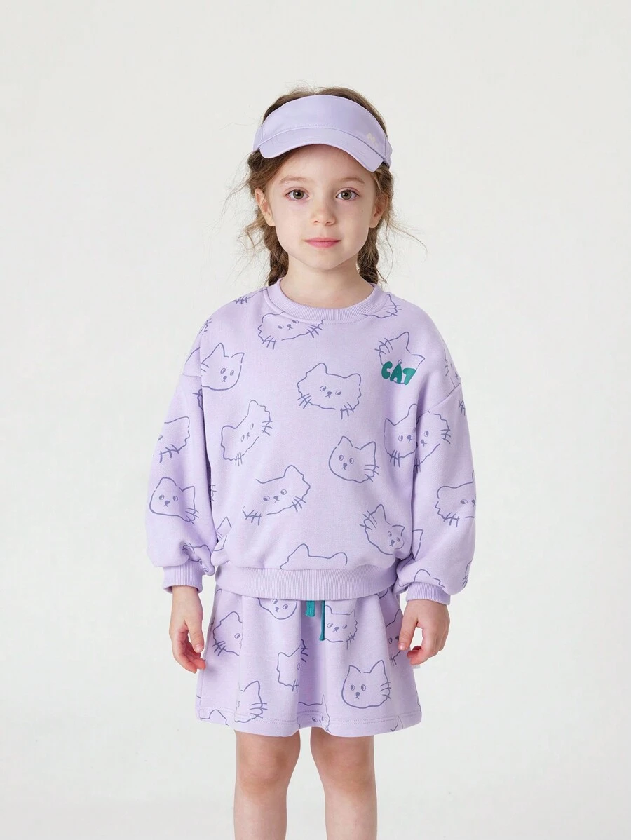 2pcs/set Young Girls' Sweet & Fun Cat Print Oversized Sweatshirt And Pleated Skirt Outfits For Autumn
