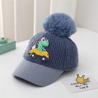 1 Pieza Gorra De Béisbol Para Niños Con Estampado De Dinosaurio Y Automóviles Pequeños Con Gran Bola De Pom-pom, Resistente Al Viento Y Cálido Para Uso Diario Y Viajes En Otoño / Invierno