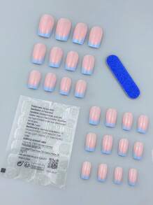 使用 24 件短指甲方形极简雾蓝色法式风格来提升您的外观，涵盖所有指甲套装，适合女性和女孩在日常聚会上佩戴，按压指甲，中长方形假指甲美甲用品指甲 - 霧霾藍 - 查看 2