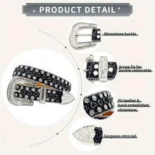 Classic Western Rhinestone Belt For Men And Women, Deluxe Western Cowboy Style With Shimmering Crystal Inlay, Y2k Rhinestone Studded Belt With Punk And Hip Hop Style For Pants Party - Black - View 2