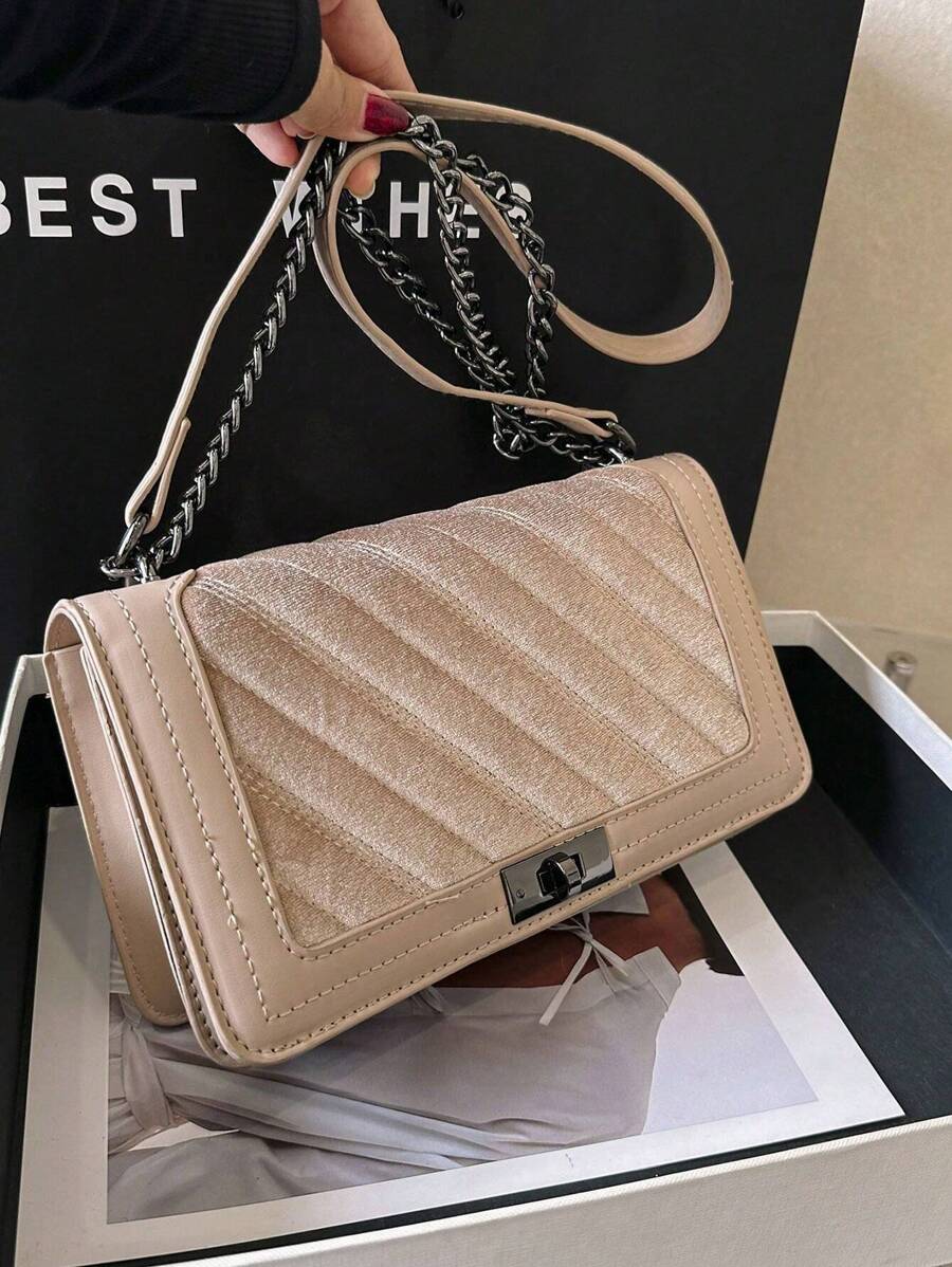 Fashionable Velvet Small Square Bag With Lock Buckle, Versatile Style