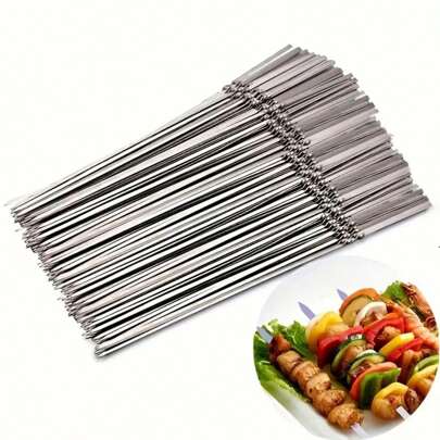 50pcs Stainless Steel Flat Barbecue Skewers For Outdoor Bbq, Ideal For Lamb Skewers