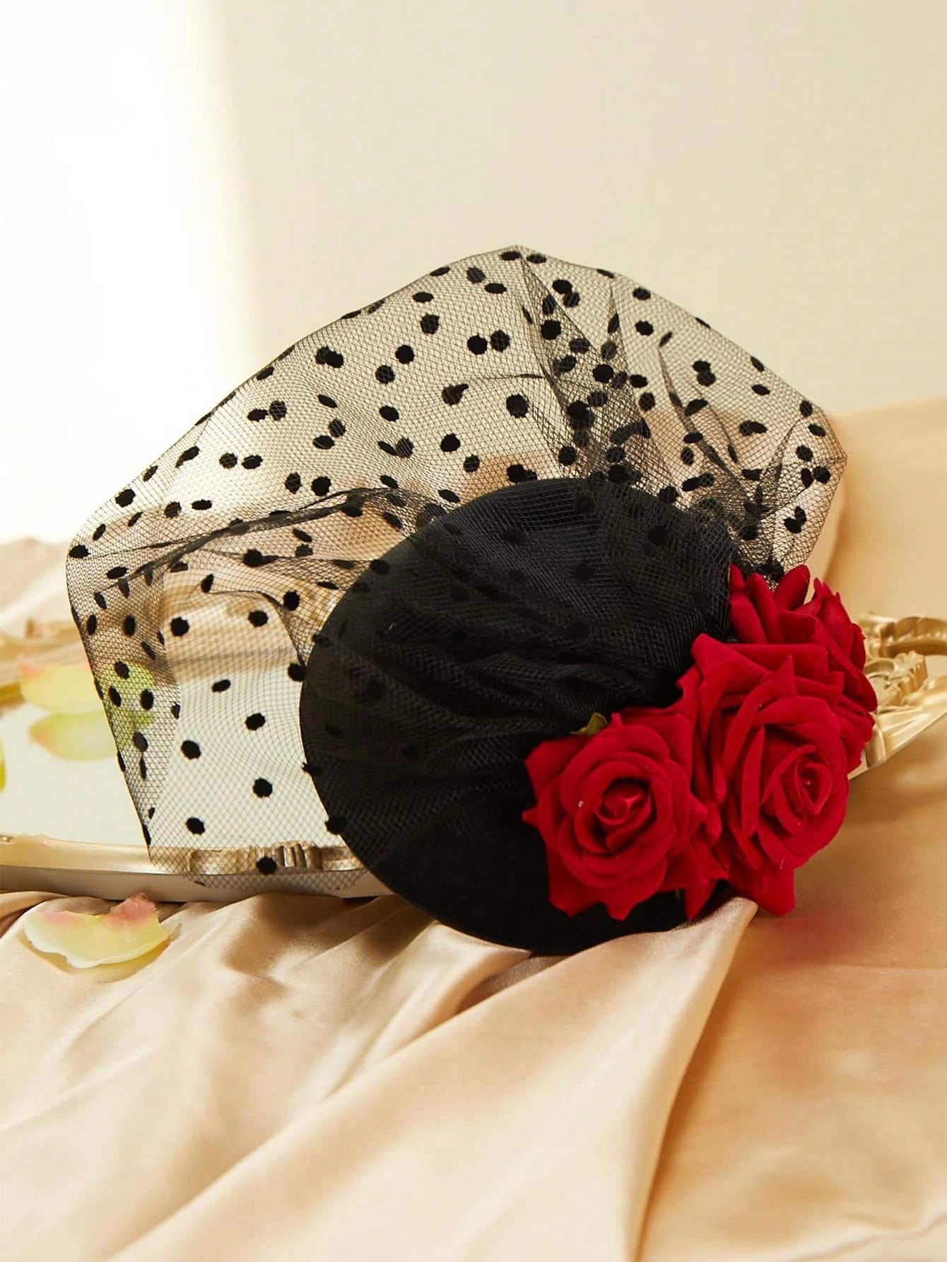 Women’s Vintage Fascinator Hat Set Mesh Gloves Pearls Earrings Gifts Healvian Red Fascinator Hat Set – Mesh Veil, Pearl Necklace  main image 3