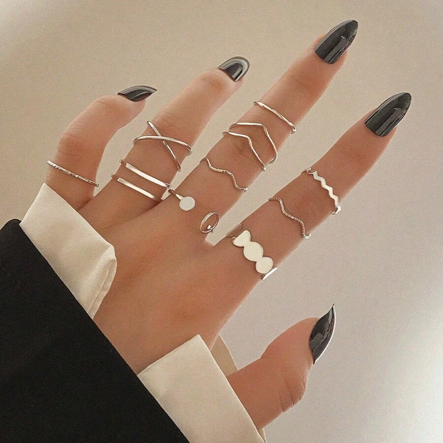 10pcs/set Fashionable Wave & Geometric Rings - Silver - View 1