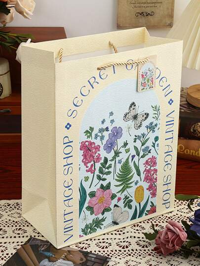 1 件复古奢华花卉白色压花礼品袋，生日礼物包装纸袋，极具吸引力的礼品包装手提包情人节