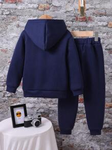 少年風景圖案印花保暖連帽衛衣和運動褲 - 寶藍色 - 查看 2