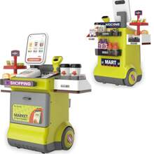 47件互動式兒童收銀機玩具套裝,包含假幣、計算機、掃描器、信用卡、輸送帶和模擬食物,適用於3歲+男女孩童玩假扮