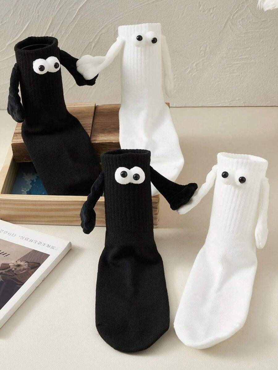 2 Pairs Of Mid-calf Socks With Three-dimensional Eyes That Can Hold Hands, Suitable For Couples/good Friends