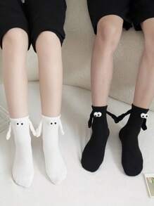 2 Pairs Of Mid-calf Socks With Three-dimensional Eyes That Can Hold Hands, Suitable For Couples/good Friends