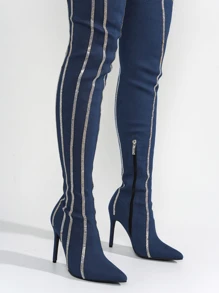 Women's  Rhinestone Thigh High Stiletto Boots - Single Pointy Toe Denim Thigh High High Heel For Special Events