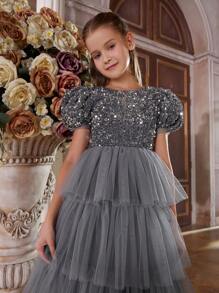 Tween Girls' Sequined Upper Body With Layered Mesh Hem Formal Dress - Grey - View 7