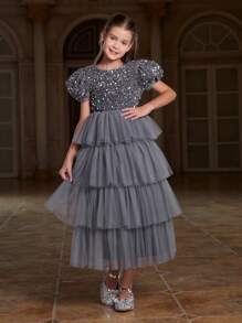 Tween Girls' Sequined Upper Body With Layered Mesh Hem Formal Dress - Grey - View 4