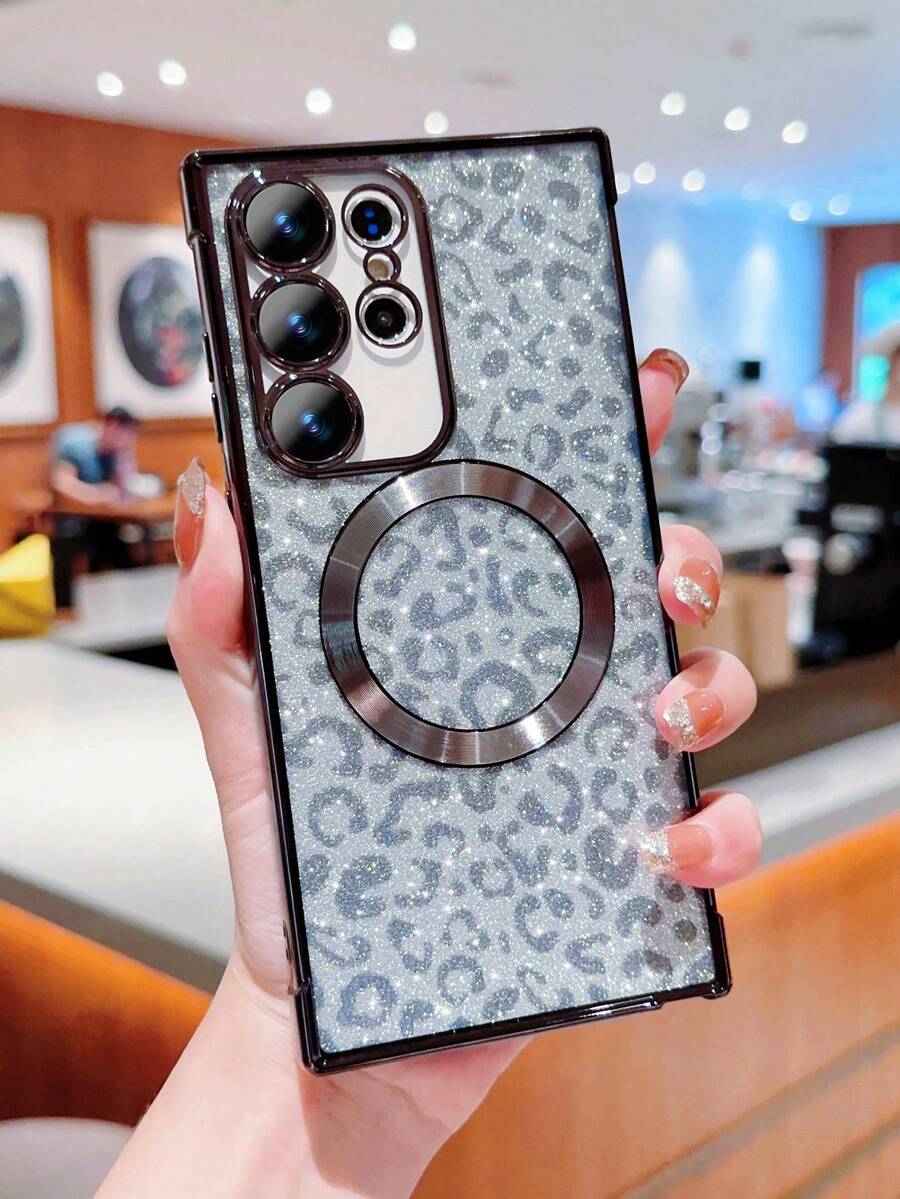 1pc Black Leopard Print Sparkling Gradient Magnetic Phone Case With Anti-fall Protection, Compatible With Samsung And Apple Phone Cases - Black - View 1