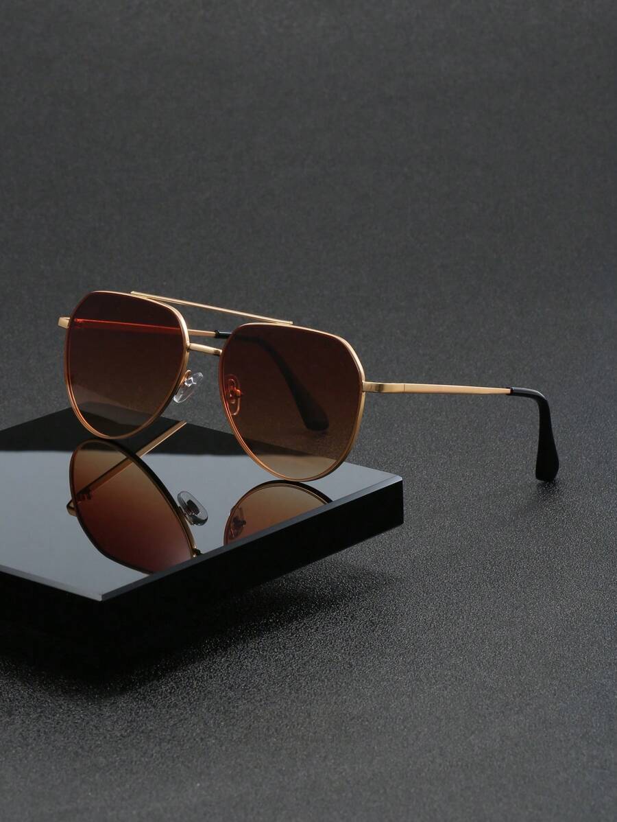 1 件男士棕色金属框架椭圆形时尚太阳镜，适合户外防晒优雅太阳镜太阳镜海滩配饰太阳镜太阳镜遮阳镜适合夏季海滩度假、户外、旅行 - 棕色 - 查看 1