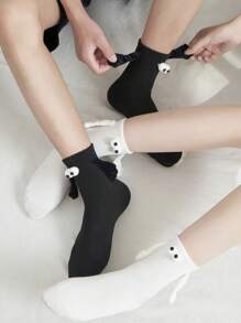 2 Pairs Of Mid-calf Socks With Three-dimensional Eyes That Can Hold Hands, Suitable For Couples/good Friends