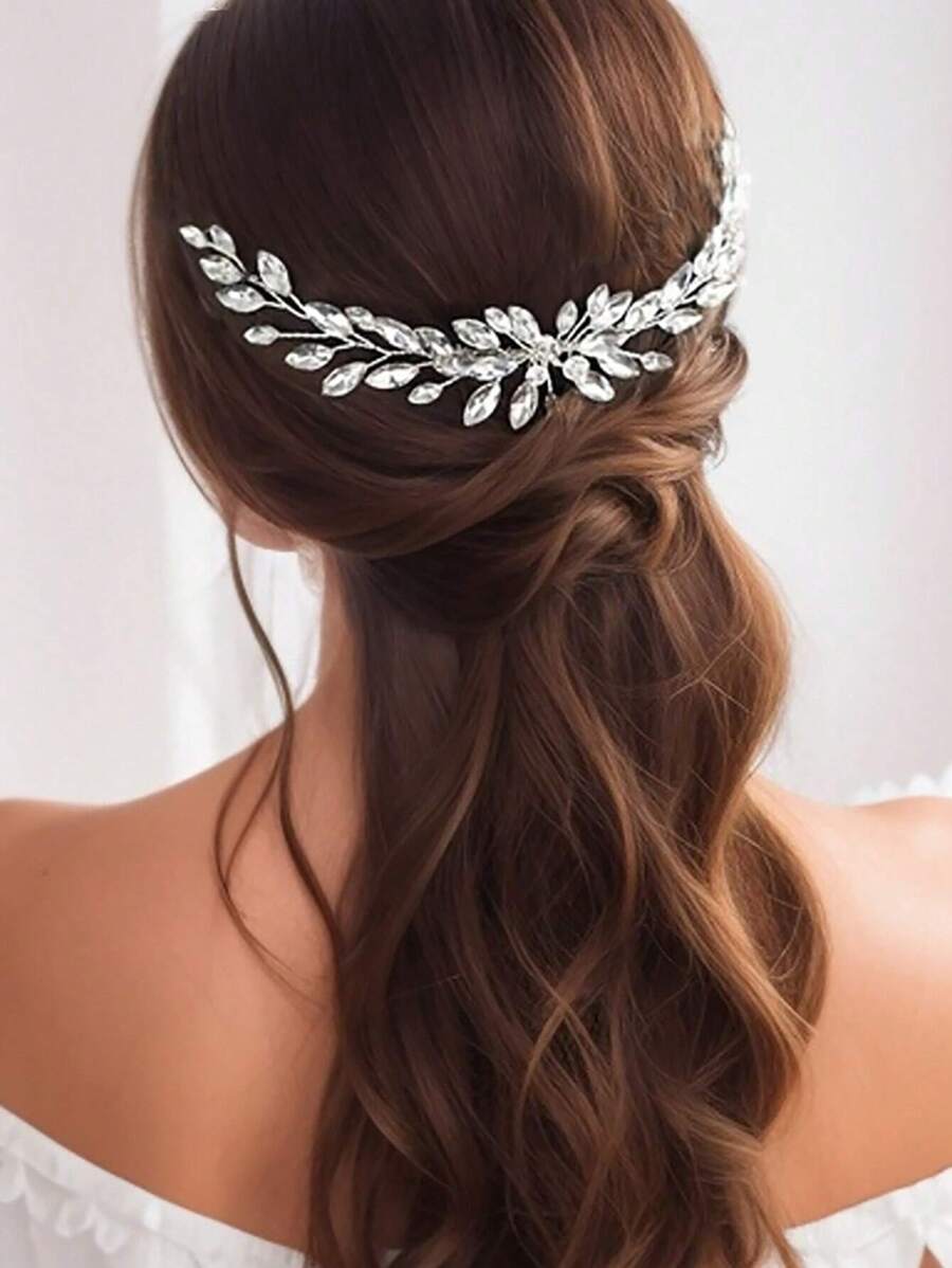 1件新娘婚礼玻璃水钻发梳侧梳发饰，适合晚宴、舞会、优雅波西米亚风头饰、情人节配饰 - 銀色 - 查看 1