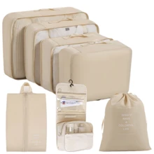Conjunto de 8 bolsas de almacenamiento clasificadas para ropa de viaje, bolsa de maquillaje beige, organizador de maquillaje, estuche de maquillaje - Beis - Ver 1
