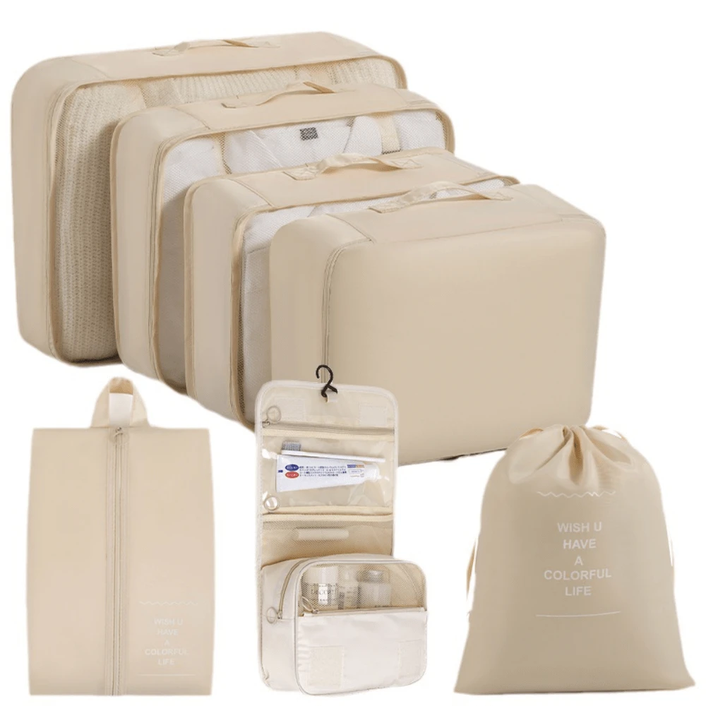 Conjunto de 8 bolsas de almacenamiento clasificadas para ropa de viaje, bolsa de maquillaje beige, organizador de maquillaje, estuche de maquillaje - Beis - Ver 1