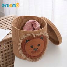 Oyhomo棕色獅子收納筐帶蓋,玩具衣物收納筐,編織繩家居裝飾收納盒,尺寸12.6x12.6英寸