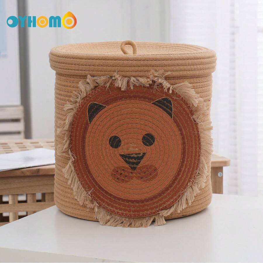 Oyhomo棕色獅子收納筐帶蓋,玩具衣物收納筐,編織繩家居裝飾收納盒,尺寸12.6x12.6英寸