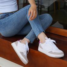Women Genuine Leather Sneakers Fashion Platform Sneakers Lace-Up Breathable Comfortable Walking Shoes - 白色/紫紅色 - 查看 2