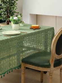1 Pieza Mantel De Mesa A Cuadros Verde Oliva Con Decoración De Borlas, Paño De Mesa De Café De Fibra De Poliéster - Verde Oliva - Ver 8