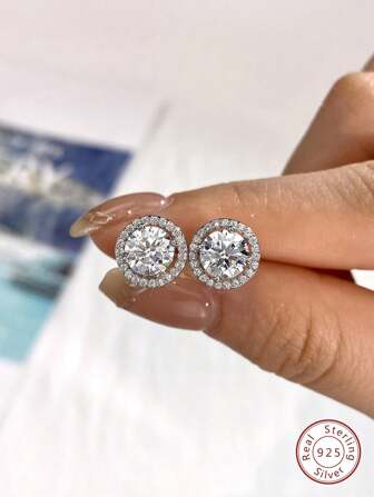 1對流行1克拉全鑲鑽圓切鍍白金摩根石耳環,適合女性生日或婚禮禮物
