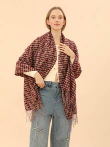 1入墨西哥酒紅色時尚編織披肩圍巾,搭配流蘇,適用於秋冬日常使用 - 酒紅色 - 查看 3