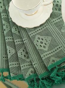 1pc Olive Green Grid Hollow Out Curtain, French Style Polyester Fibre Window Screen With Ambience - Olive Green - View 7