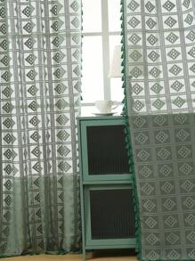 1pc Olive Green Grid Hollow Out Curtain, French Style Polyester Fibre Window Screen With Ambience - Olive Green - View 4