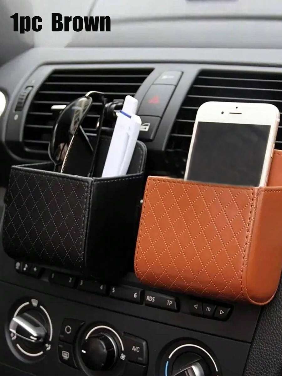 汽車空氣出風口掛式收納盒手機袋pu皮革汽車手機支架汽車內飾配件 - 棕色 - 查看 1