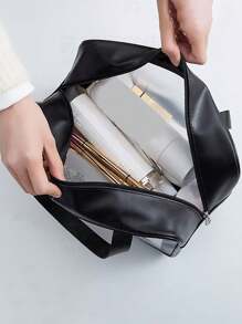 大容量防水化妝收納袋，採用透明便攜設計和雙手柄-非常適合整理化妝品和洗漱用品 - 黑色 - 查看 3