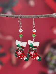 1對女士聖誕襪壓克力uv印刷耳環,派對假日耳飾 - 綠色 - 查看 1