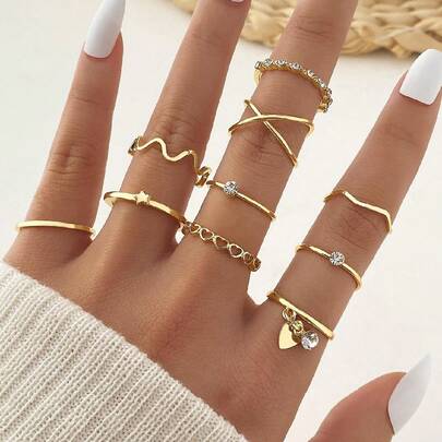 10 件金属心形吊坠优雅简约戒指套装情人节、妈妈、母亲、母亲节、礼物