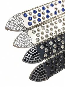 1pc White Rhinestone Square Buckle Belt With Multiple Holes, Pu Shiny Y2k Millennial Style, Perfect For Punk Rivet Rhinestone Accessories And Daily Party Use, Unisex - White - View 7