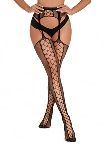 1pc Fashionable Lace & Transparent Suspender Sheer Fishnet Stockings Anti-slip Tights With Garter Belt - Black - View 1
