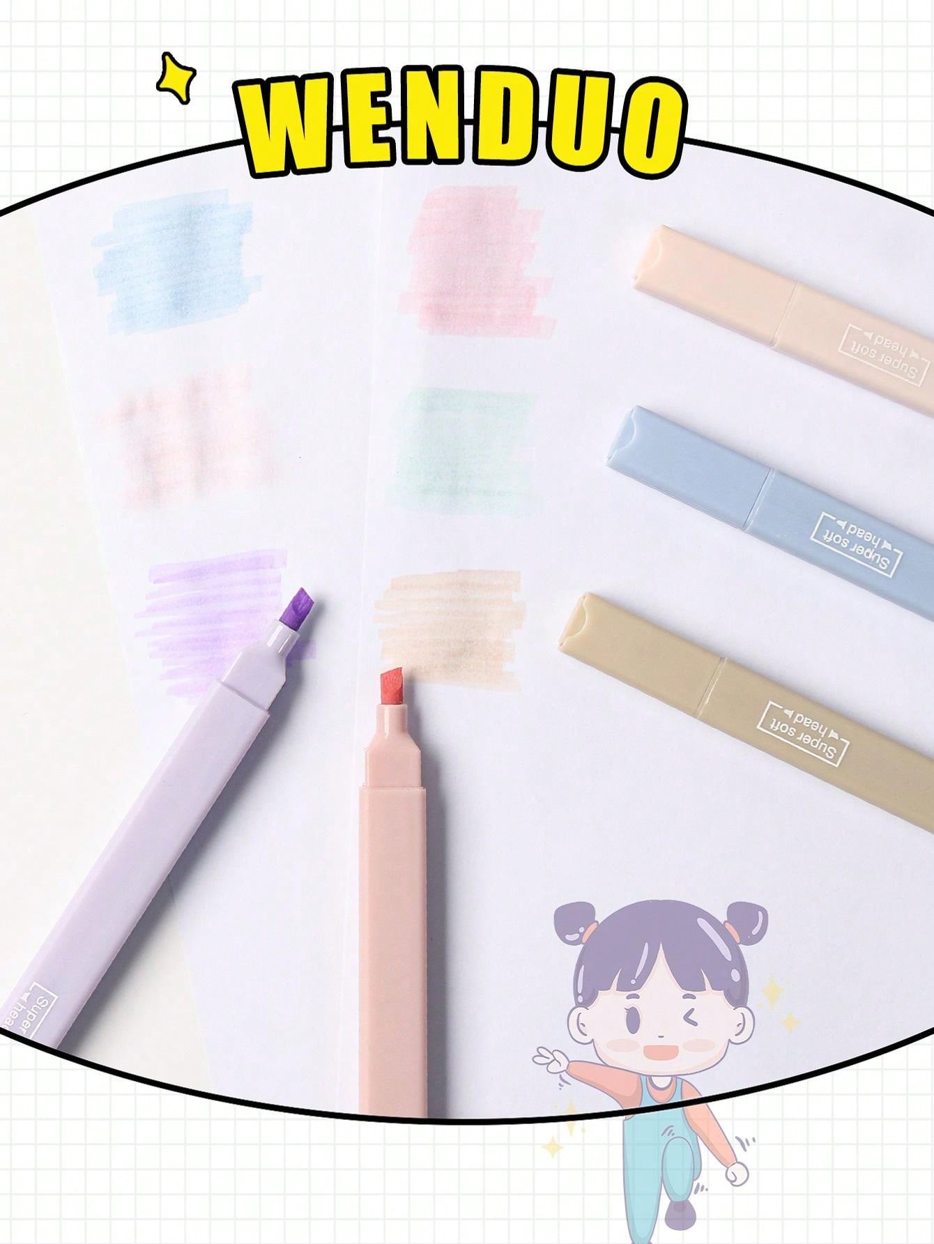 6 pcs (1 Box) 6 Colors Double Head Morandi Highlighters Aesthetic Cute