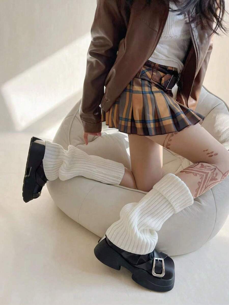 1双女士纯色条纹加厚装饰休闲可爱针织腿套，适合春、秋、冬季穿着 - 查看 1