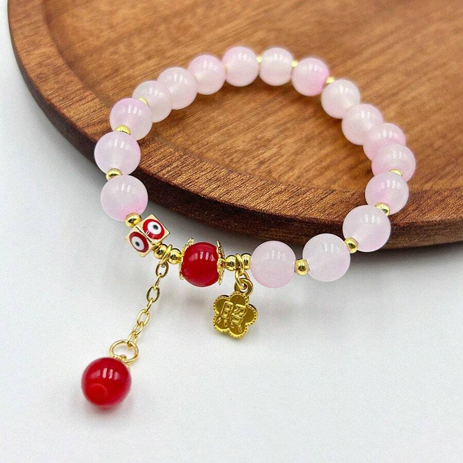 1入組天然水晶珠寶手鍊,配有翡翠珠子和特別的幸運吊墜,輕奢珠寶飾品