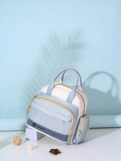 1 件套带隔热口袋的拼色小号尿布手提包，简约妈妈单肩尿布包