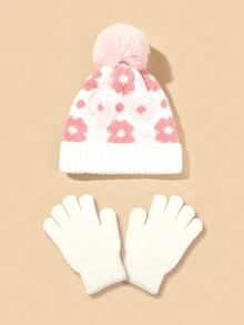 Mũ len in hoa đơn giản co giãn mềm mại thoải mái lót ấm bảo vệ tai cho trẻ em Bộ hai món thích hợp cho hoạt động ngoài trời mùa thu đông - Nhiều màu - Xem 2