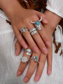 10入組西部牛仔復古風琥珀和仙人掌設計時尚戒指套裝,適合女性日常穿戴