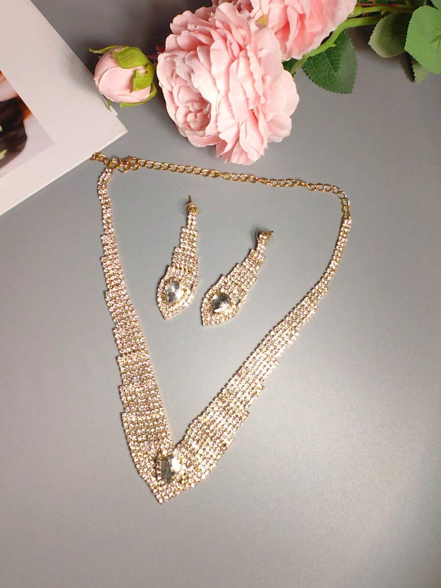 1入組金色鑽石項鍊和耳環套裝。婚禮服飾配件。時尚毛衣鏈婚禮配件 - 金色 - 查看 1
