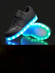 Um par de tênis com alça para crianças, branco, tênis de estudante, tênis leves, tênis com luzes LED, tênis com luzes coloridas, adequados para dança de rua, hip hop, festas de moda, parques e turismo. - Preto - Visão 2