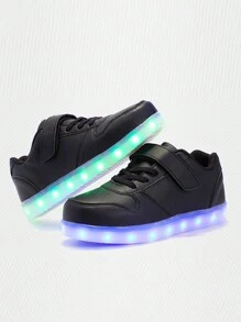 Um par de tênis com alça para crianças, branco, tênis de estudante, tênis leves, tênis com luzes LED, tênis com luzes coloridas, adequados para dança de rua, hip hop, festas de moda, parques e turismo. - Preto - Visão 3