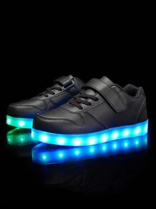 Um par de tênis com alça para crianças, branco, tênis de estudante, tênis leves, tênis com luzes LED, tênis com luzes coloridas, adequados para dança de rua, hip hop, festas de moda, parques e turismo. - Preto - Visão 1