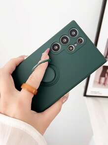 1pc Dark Green One-piece Ring Holder, Car Mount Magnetic & Liquid Silicone Phone Case Compatible With Iphone